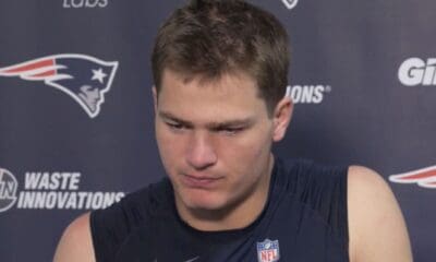 New England Patriots quarterback Drake Maye meets with the media after the team's Week 12 loss to the Miami Dolphins.